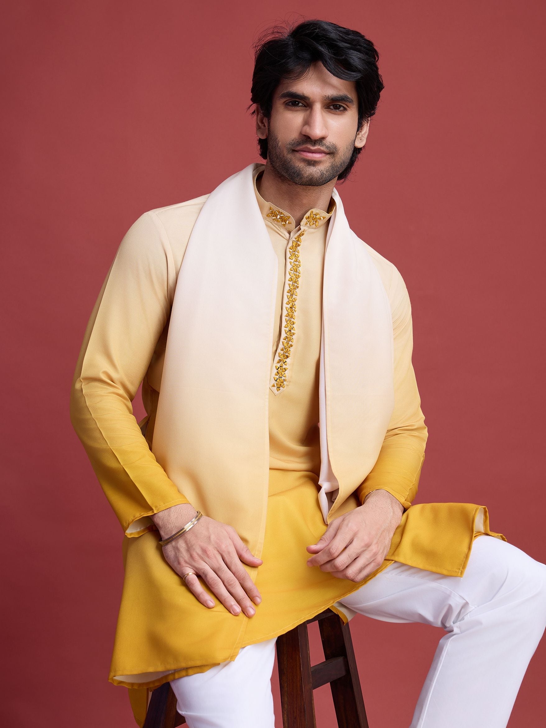 Men's Real Radiant Reflection Mirror Work Yellow Kurta