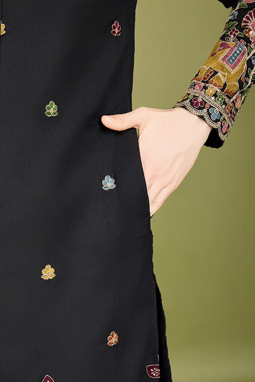 Men's Elegant Charm Cotton Embroidered Black Kurta