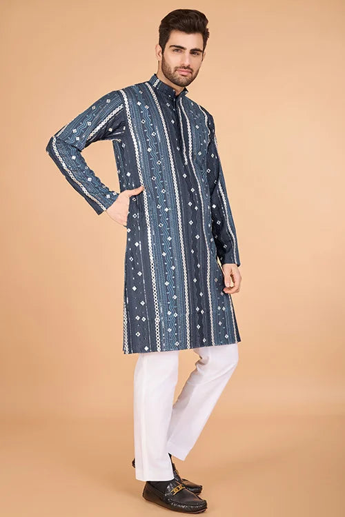 Men's Majestic Charm Silk Cotton Navy Blue Kurta
