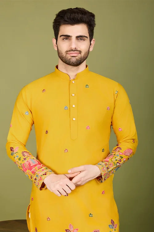 Men's Elegant Charm Cotton Embroidered Yellow Kurta