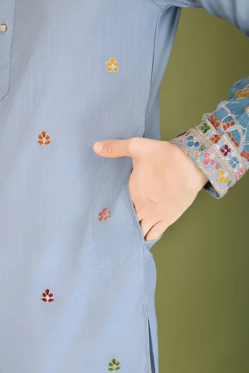 Men's Elegant Charm Cotton Embroidered Grey Kurta