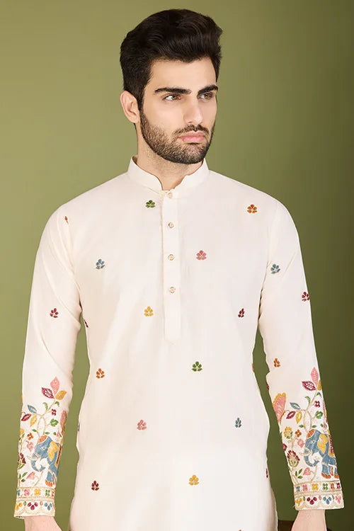 Men's Elegant Charm Cotton Embroidered Cream Kurta