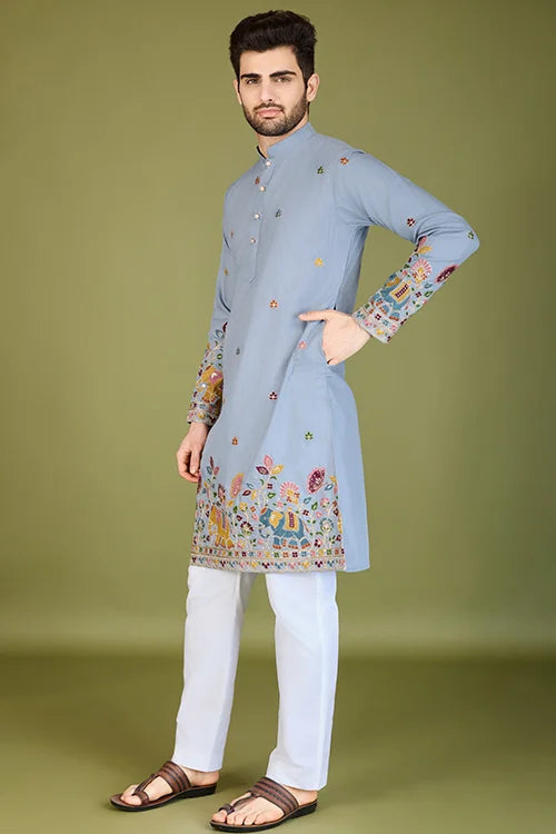 Men's Elegant Charm Cotton Embroidered Grey Kurta