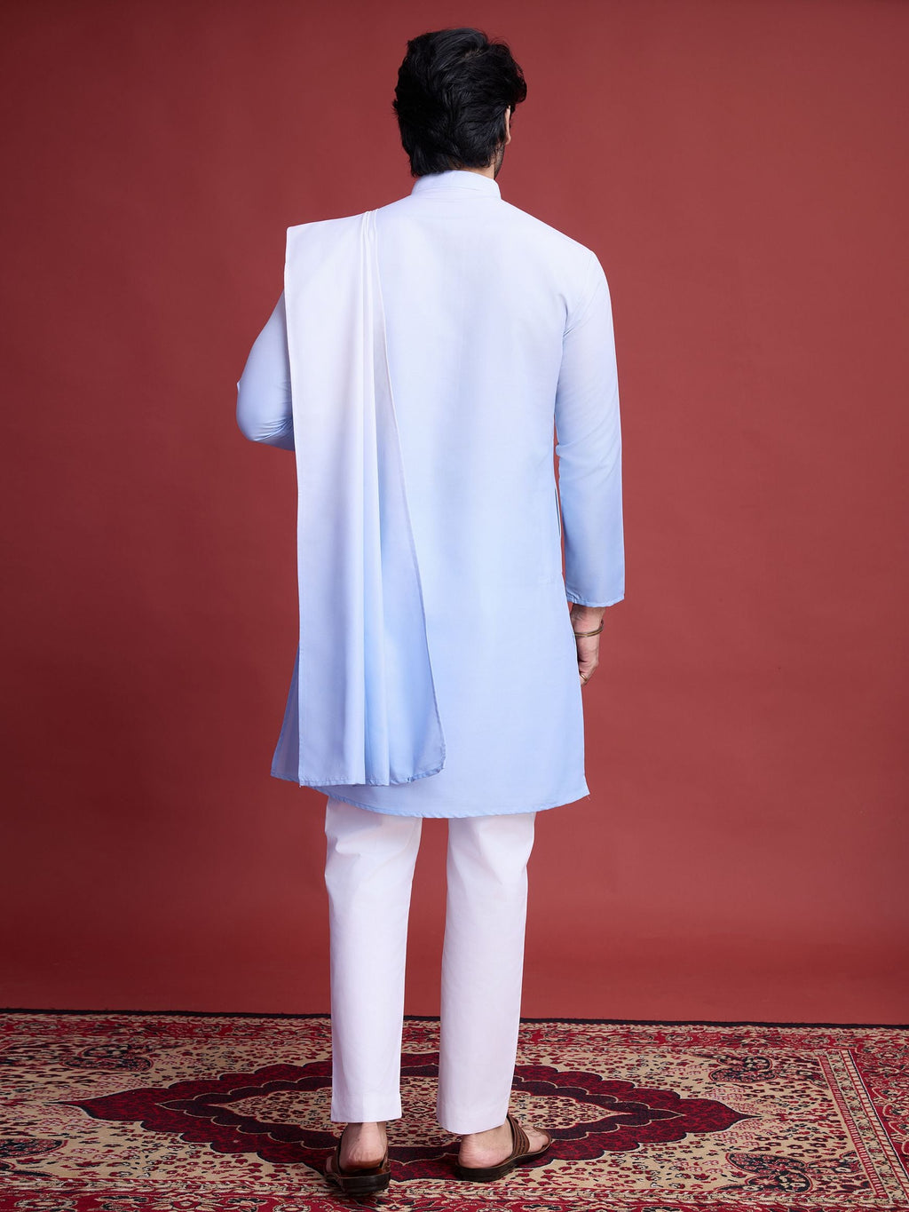 Men's Real Radiant Reflection Mirror Work Sky Blue Kurta