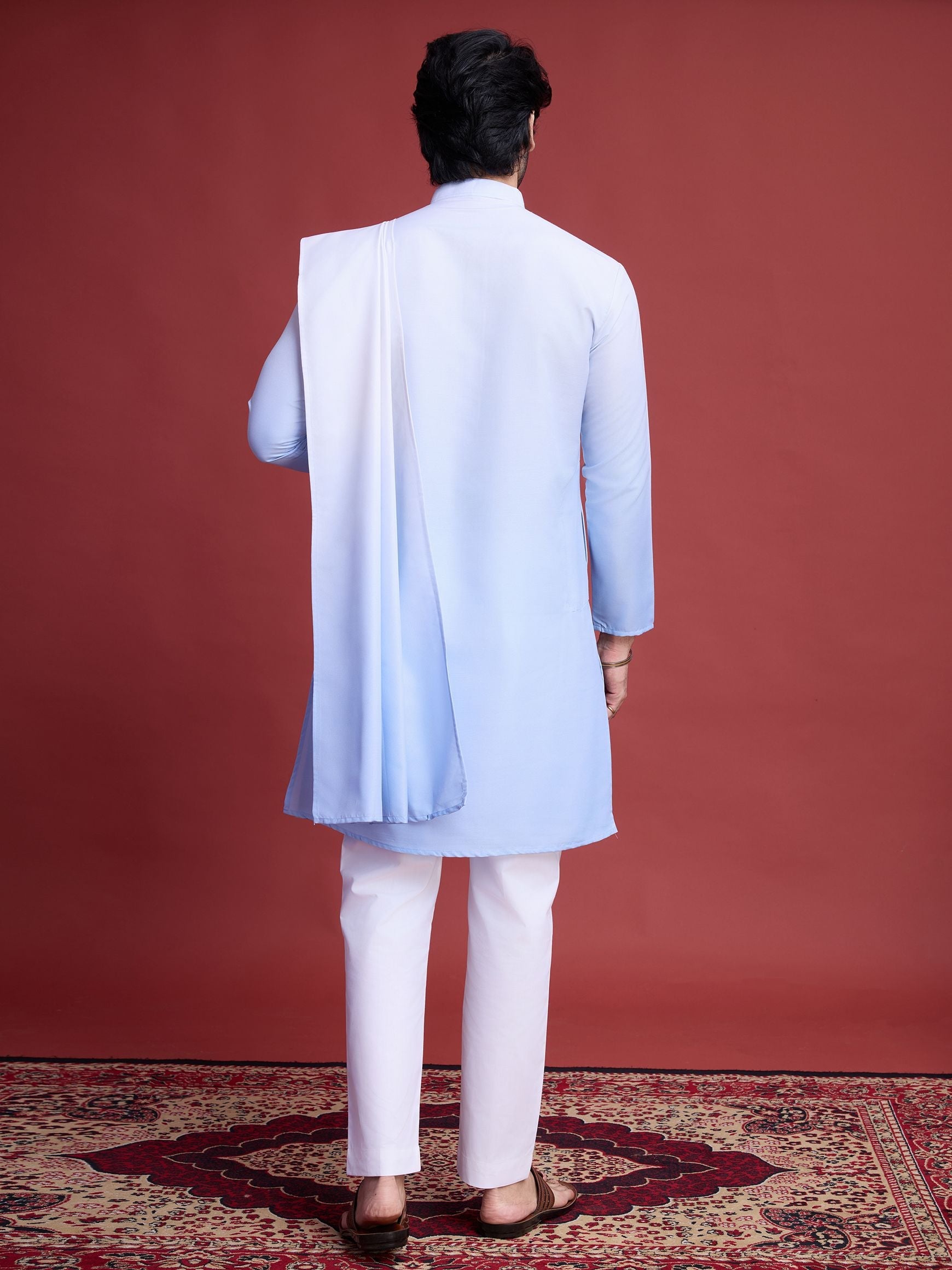 Men's Real Radiant Reflection Mirror Work Sky Blue Kurta