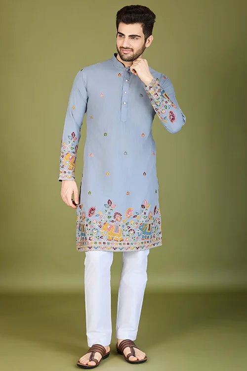 Men's Elegant Charm Cotton Embroidered Grey Kurta