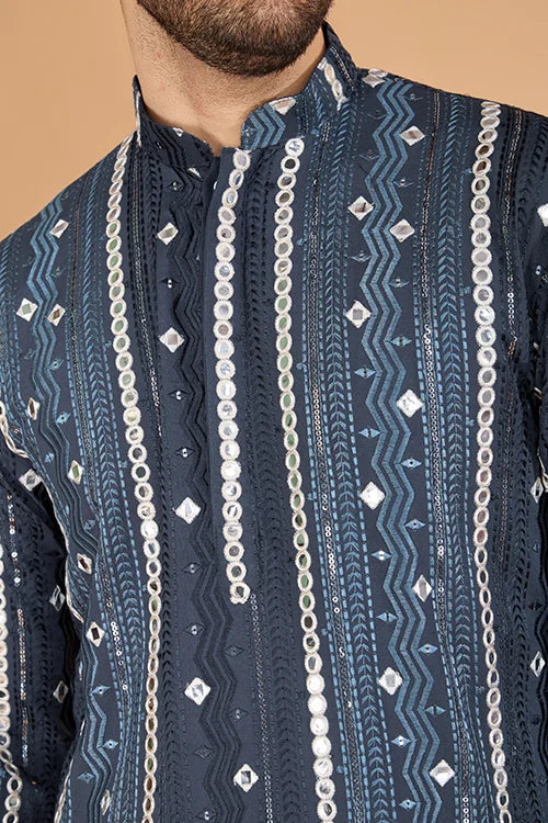 Men's Majestic Charm Silk Cotton Navy Blue Kurta