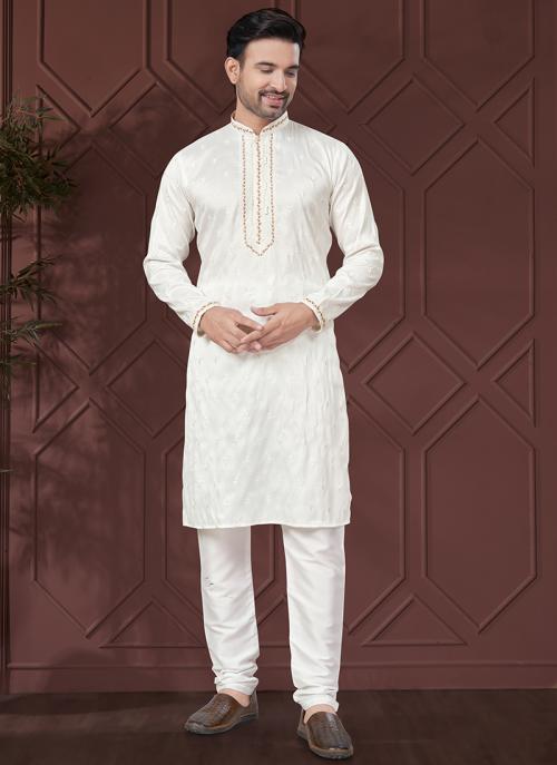 Men’s Off-White Sequin Silk Kurta Set