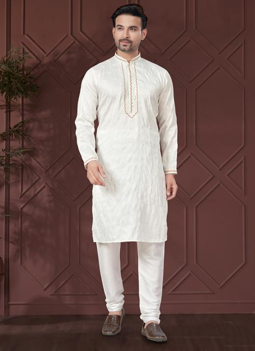 Men’s Off-White Sequin Silk Kurta Set
