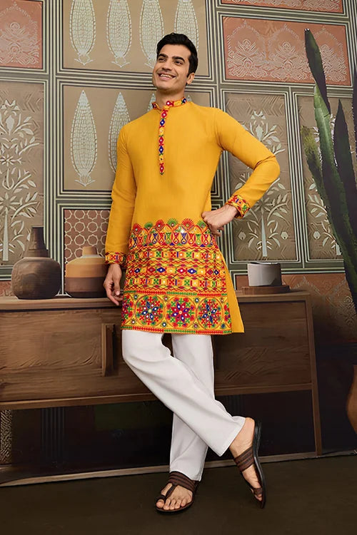 Men's Traditional Designer Yellow Kurta