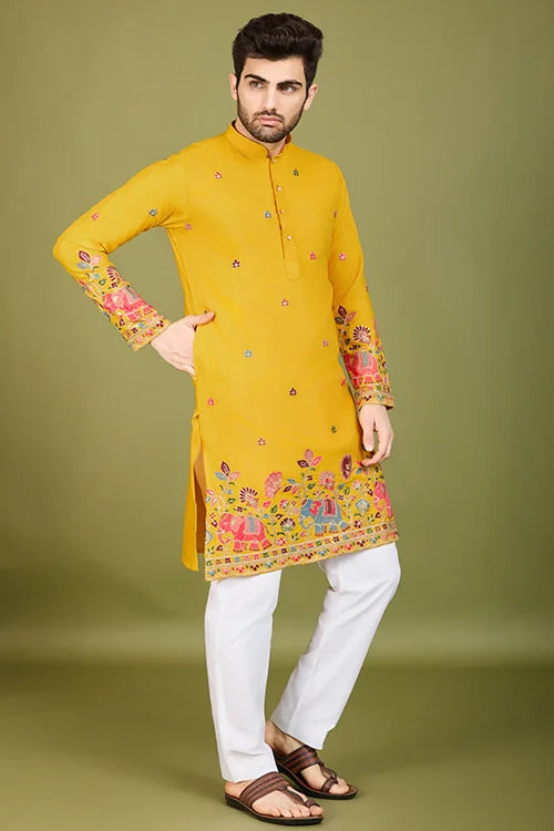 Men's Elegant Charm Cotton Embroidered Yellow Kurta