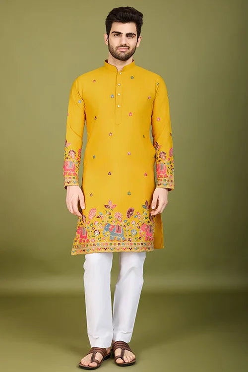 Men's Elegant Charm Cotton Embroidered Yellow Kurta