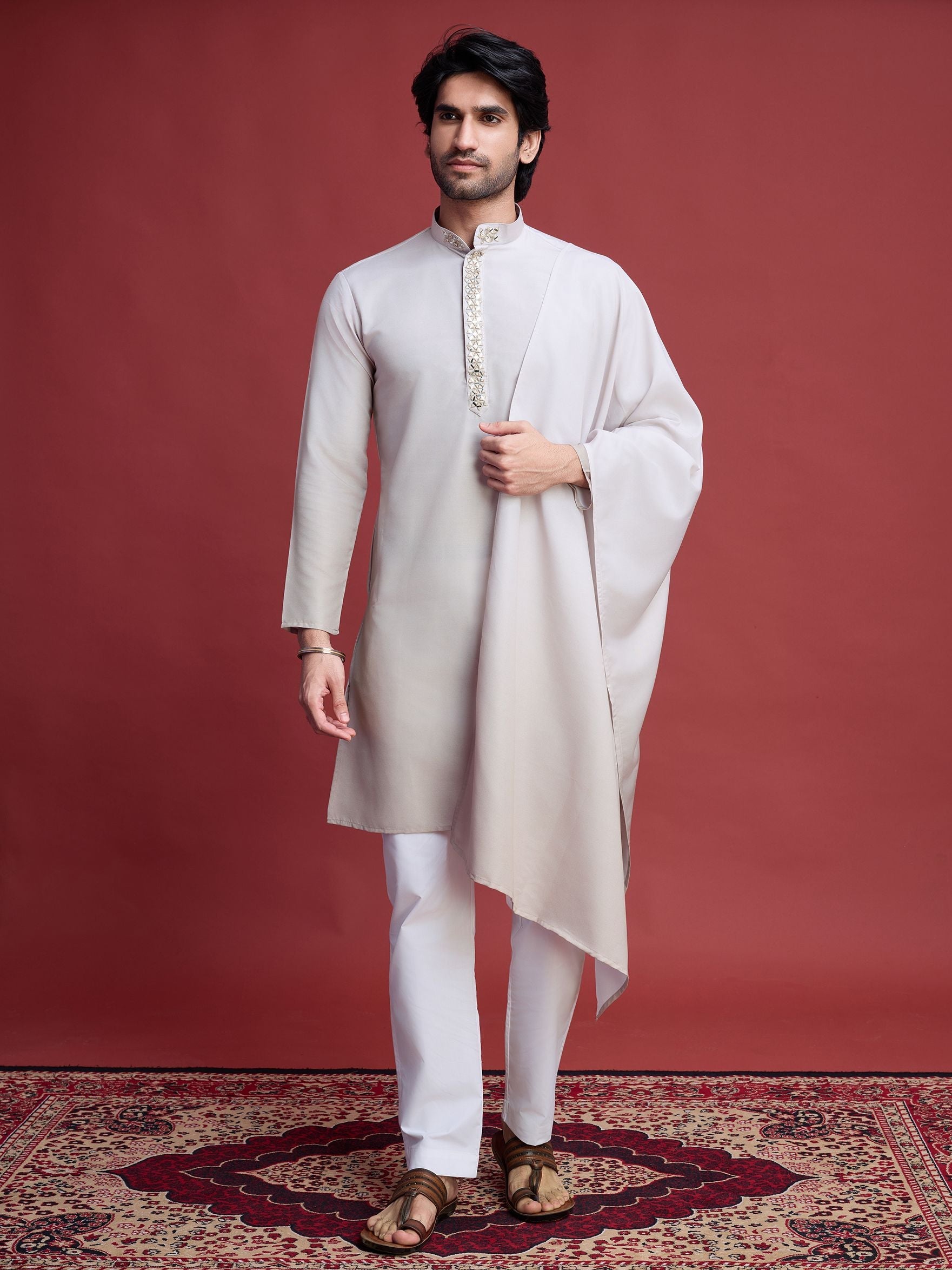 Men's Real Radiant Reflection Mirror Work Off-White Kurta