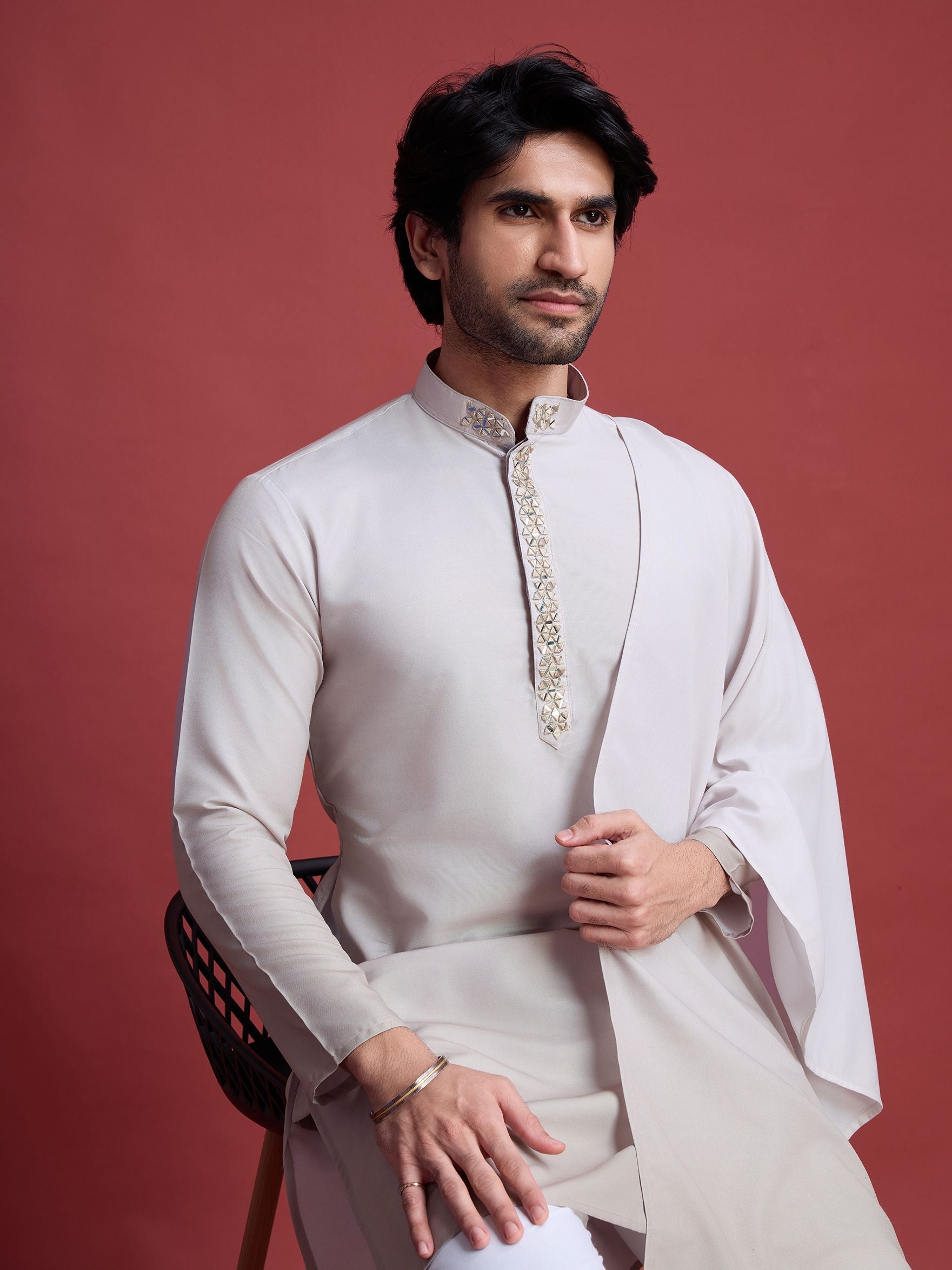 Men's Real Radiant Reflection Mirror Work Off-White Kurta