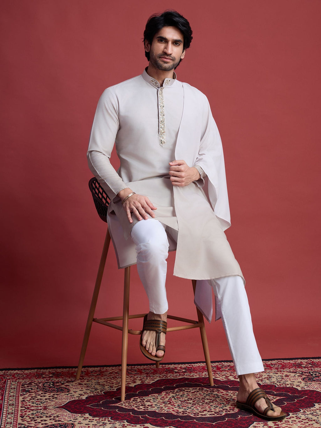 Men's Real Radiant Reflection Mirror Work Off-White Kurta