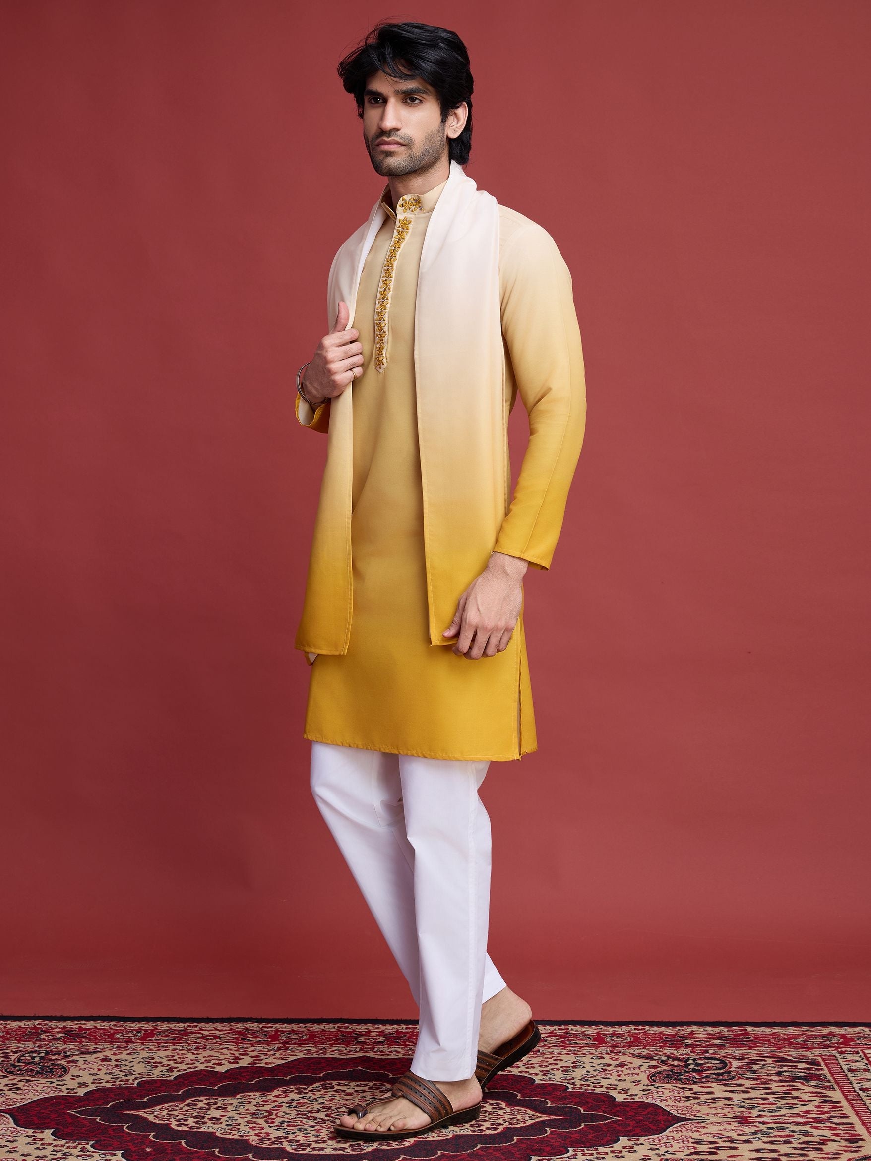 Men's Real Radiant Reflection Mirror Work Yellow Kurta