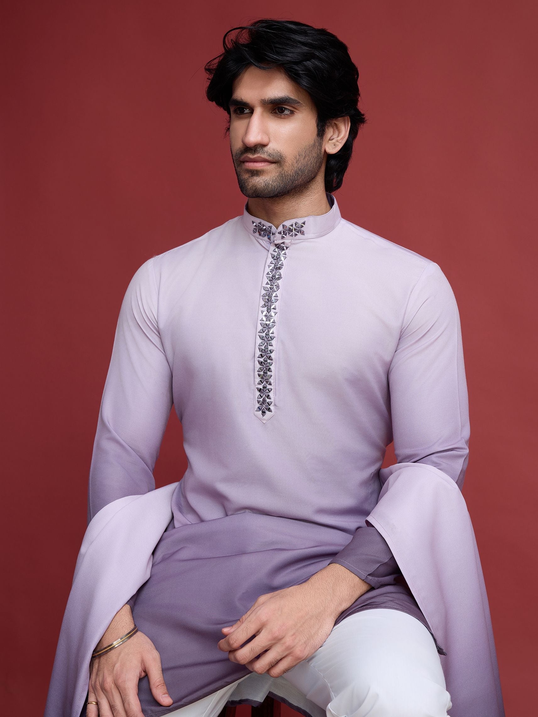 Men's Real Radiant Reflection Mirror Work Lavender Kurta