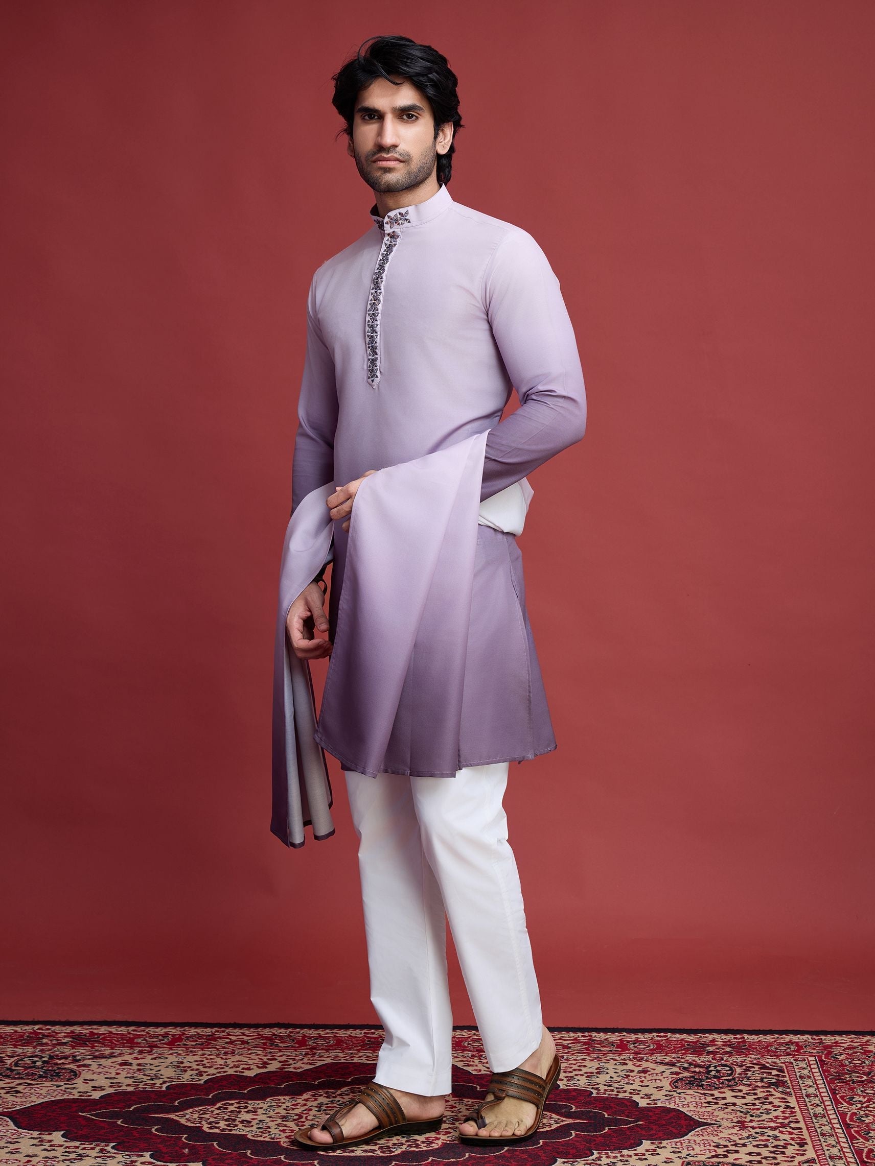 Men's Real Radiant Reflection Mirror Work Lavender Kurta