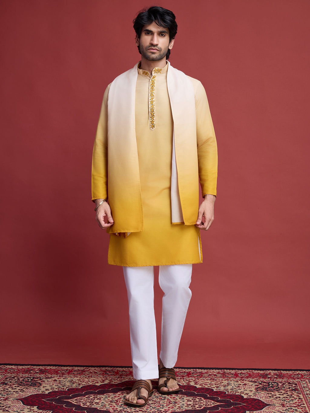 Men's Real Radiant Reflection Mirror Work Yellow Kurta