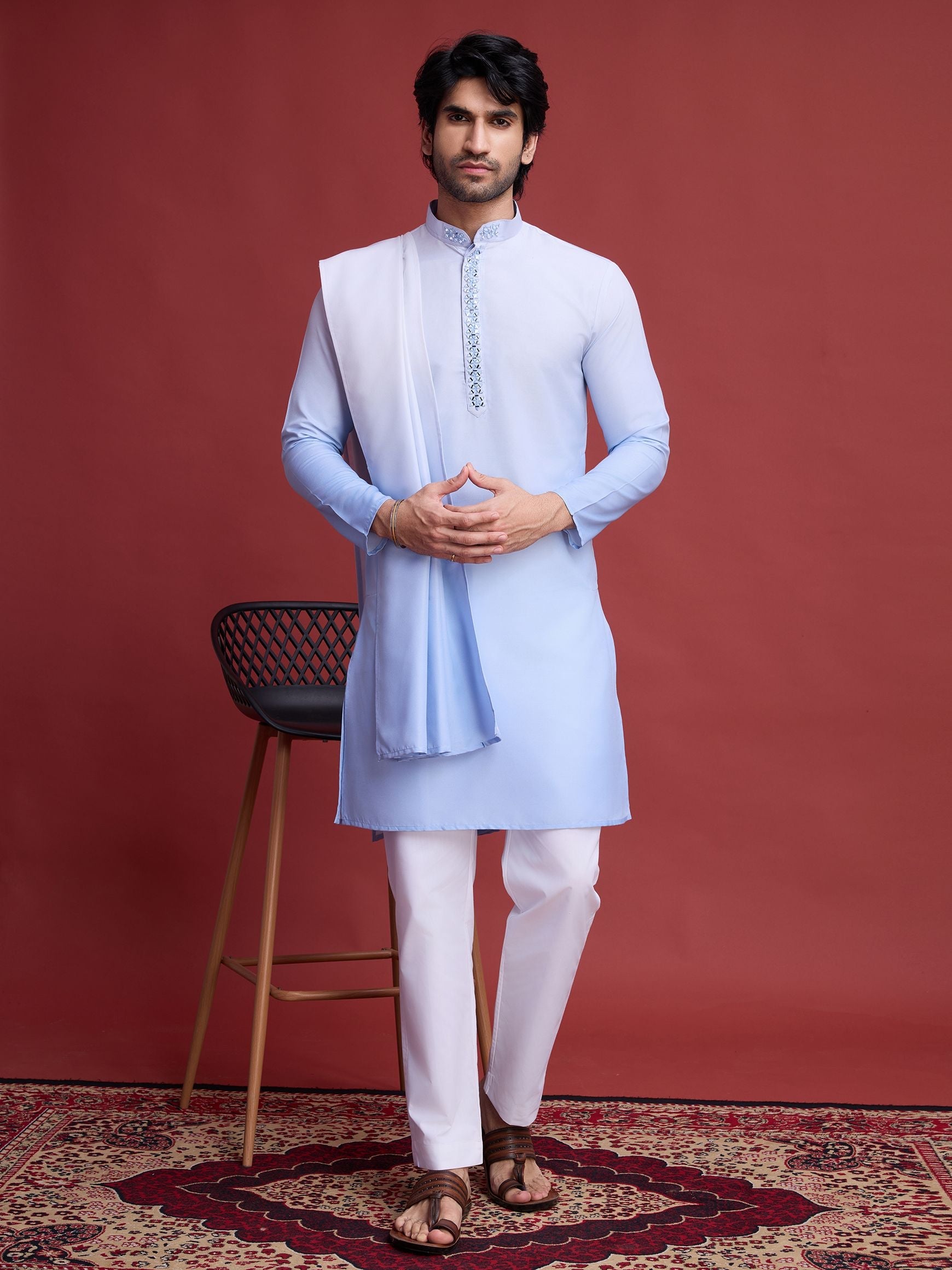 Men's Real Radiant Reflection Mirror Work Sky Blue Kurta