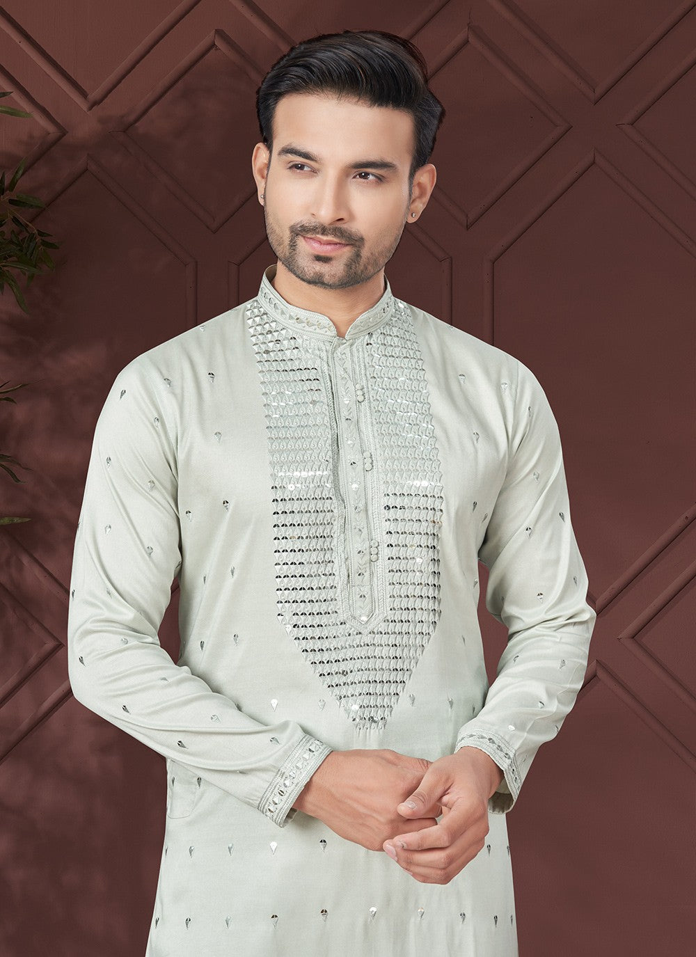 Men’s Sequin Panel Pastel Mint Green Kurta Set
