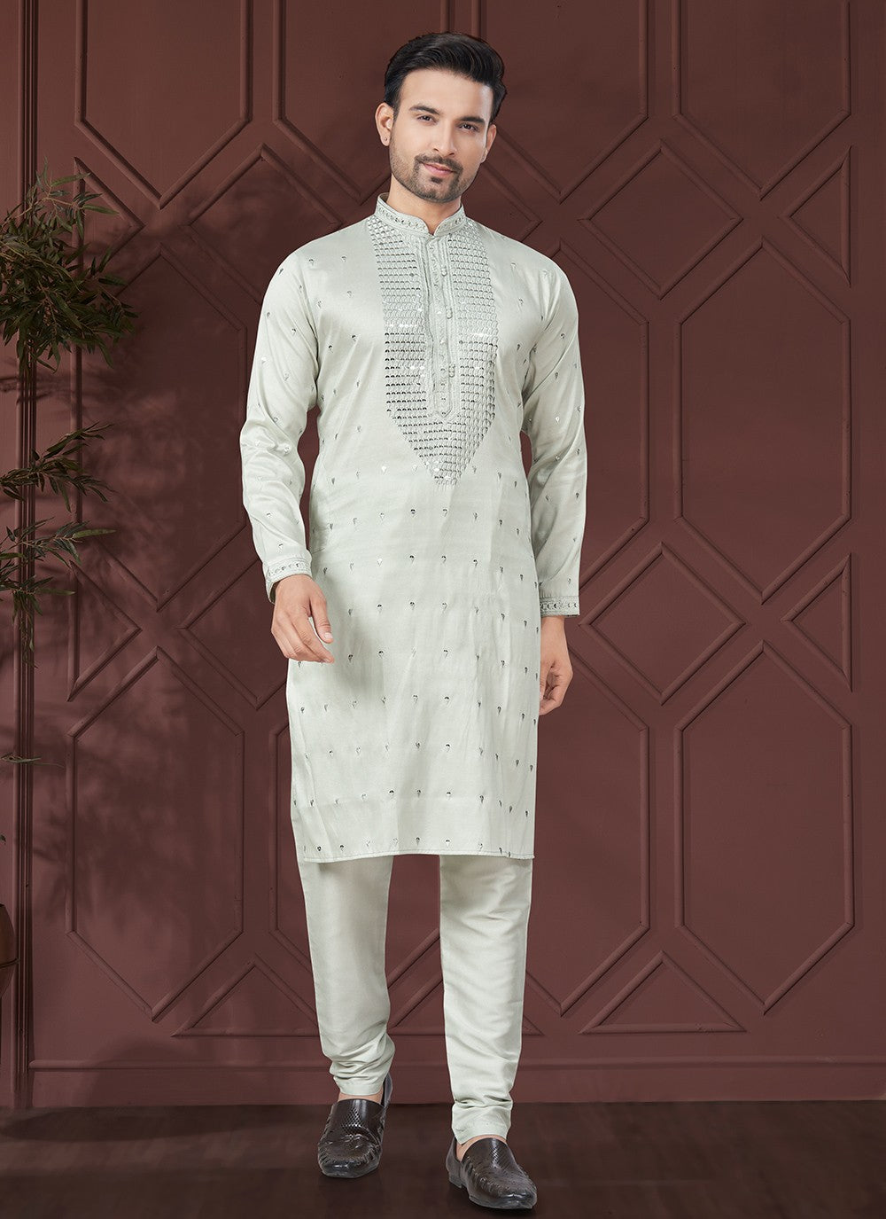 Men’s Sequin Panel Pastel Mint Green Kurta Set