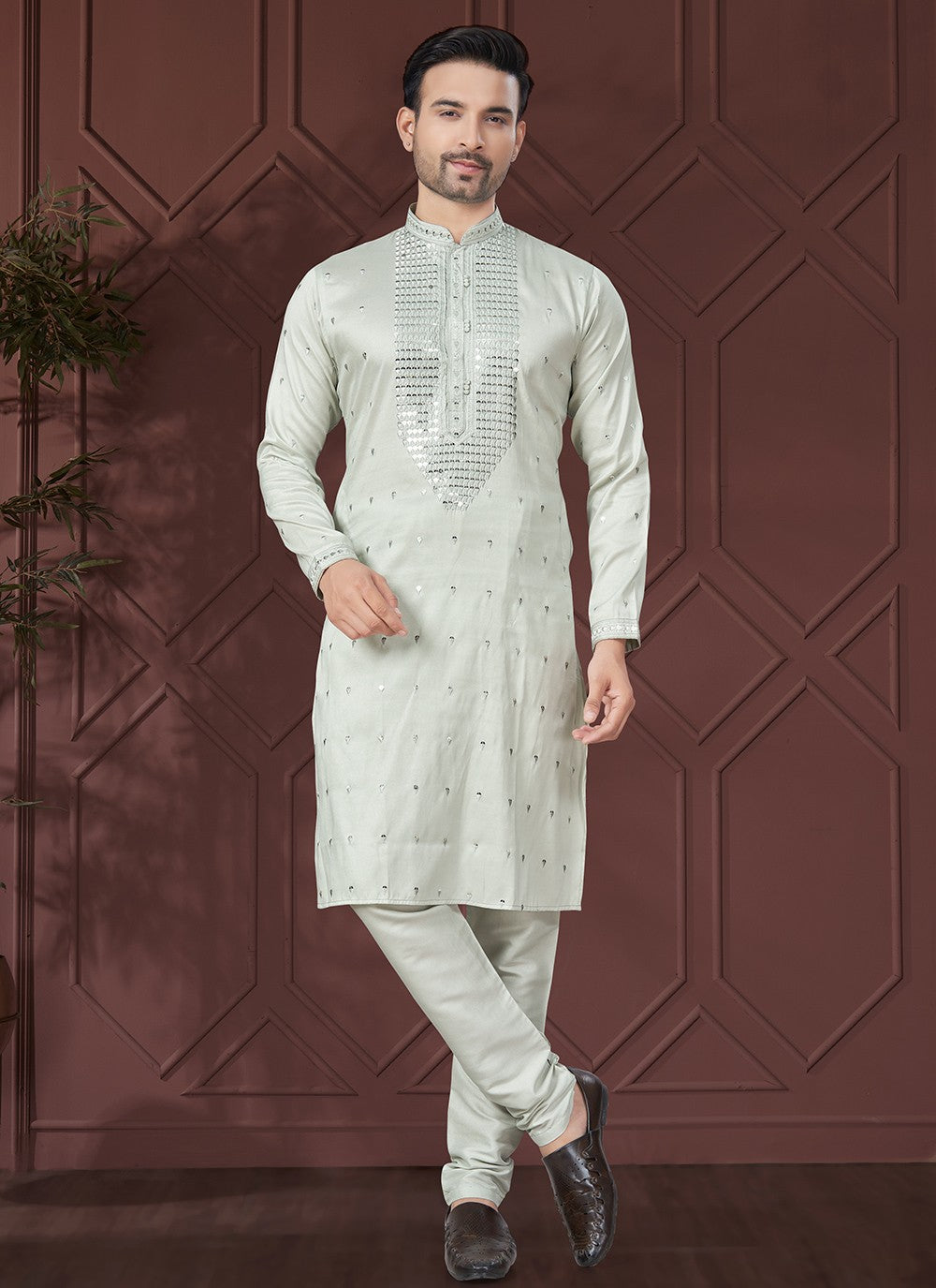 Men’s Sequin Panel Pastel Mint Green Kurta Set