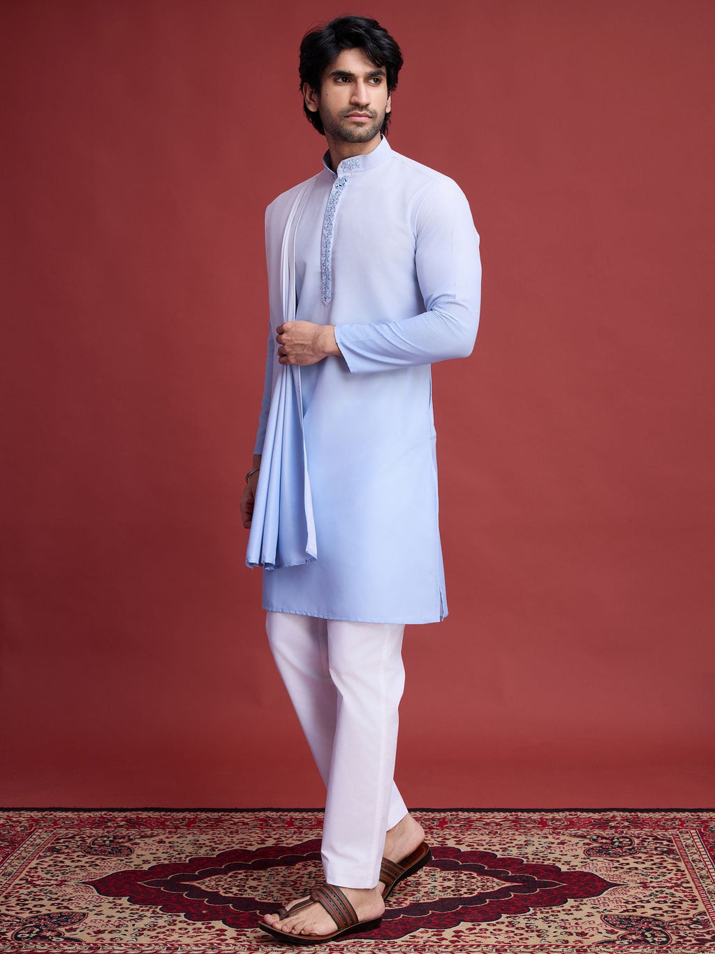 Men's Real Radiant Reflection Mirror Work Sky Blue Kurta