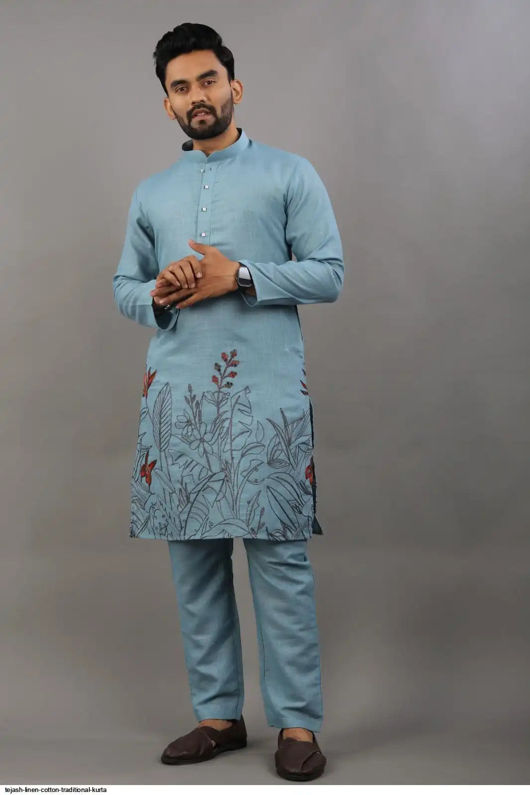 Men's Classic Linen Cotton Embroidered Sky Blue Kurta Set