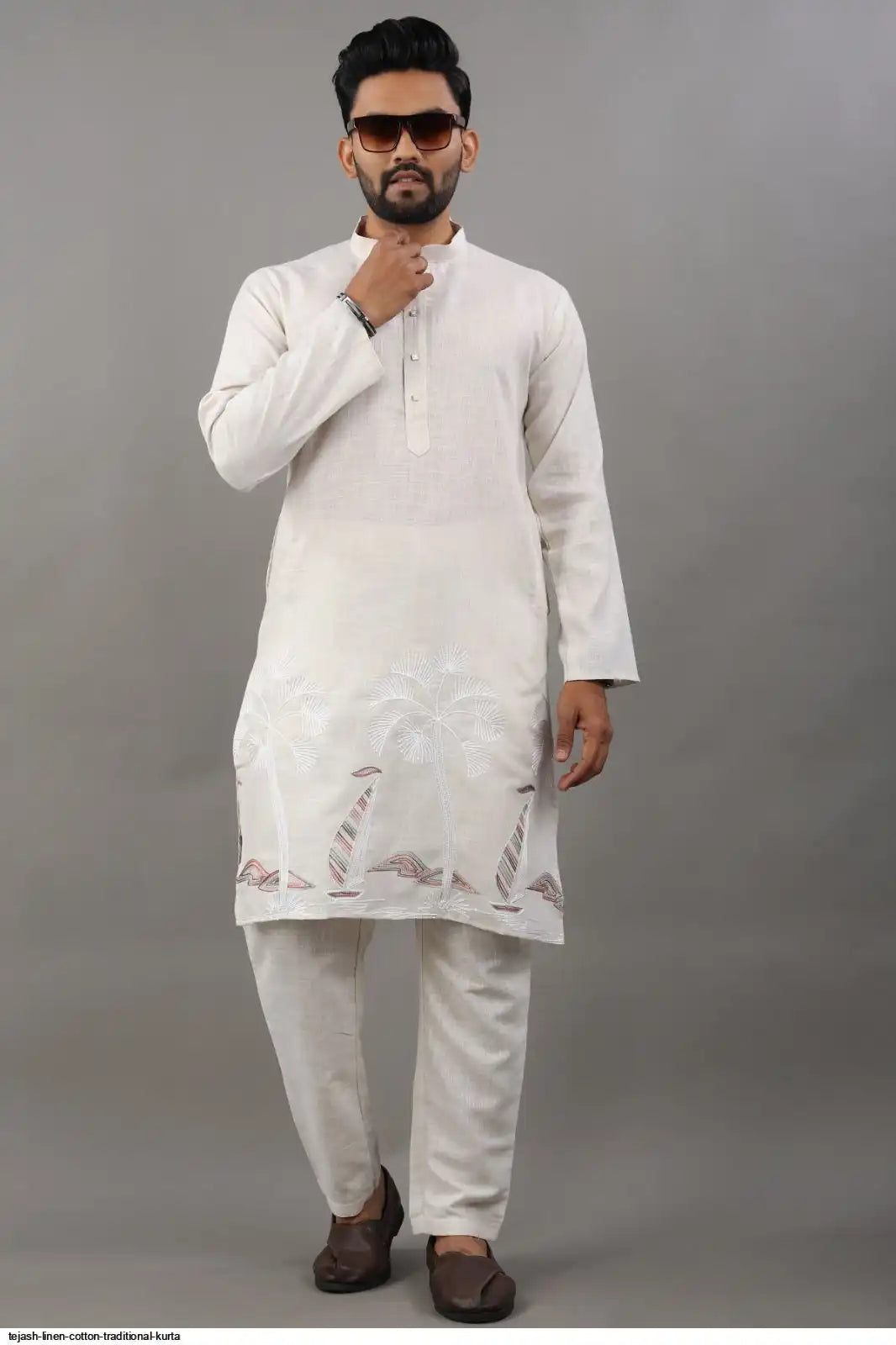 Men's Classic Linen Cotton Embroidered White Kurta Set