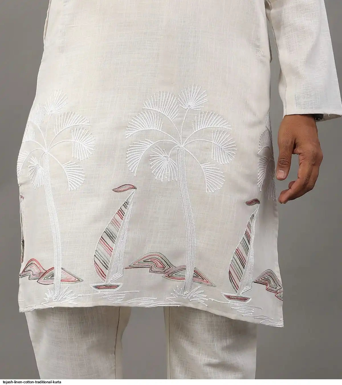Men's Classic Linen Cotton Embroidered White Kurta Set