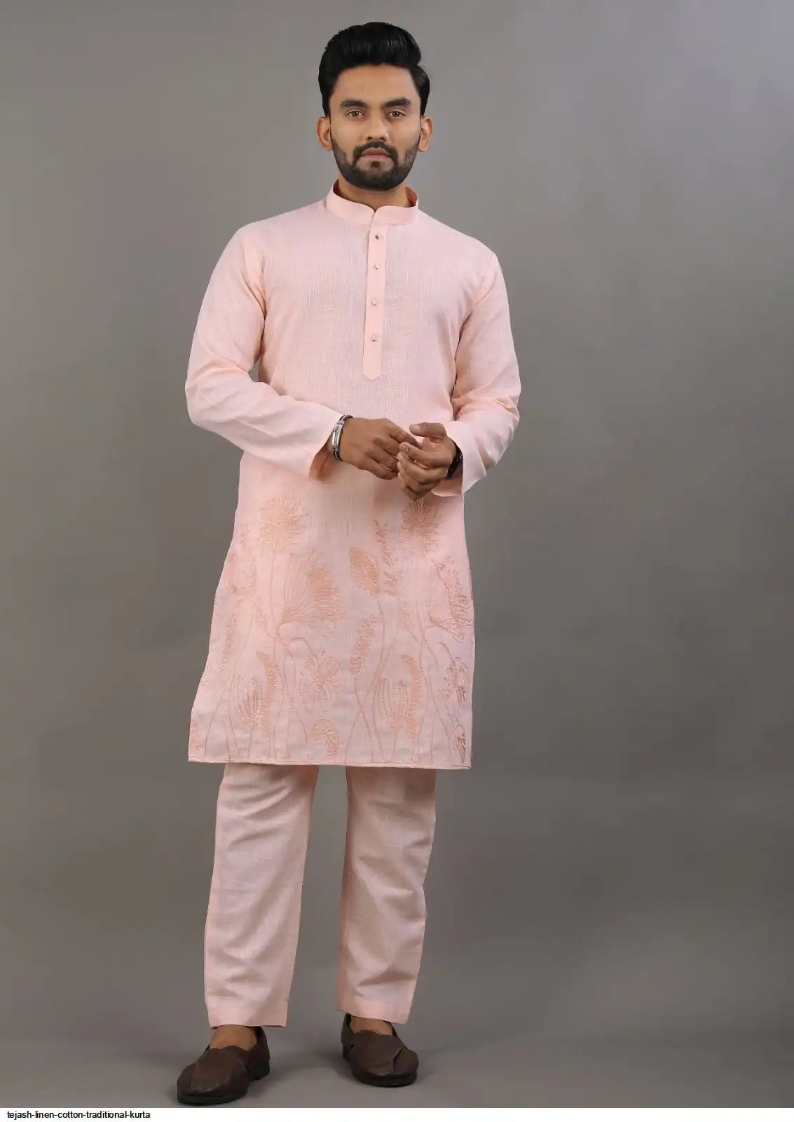 Men's Classic Linen Cotton Embroidered Peach Kurta Set