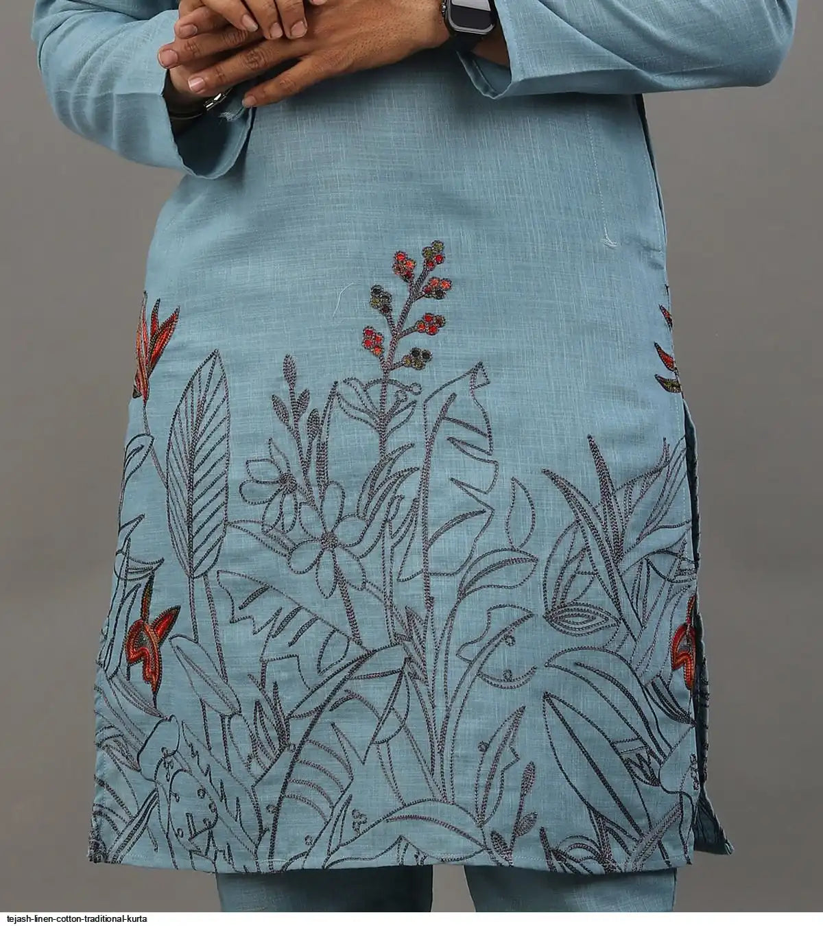 Men's Classic Linen Cotton Embroidered Sky Blue Kurta Set