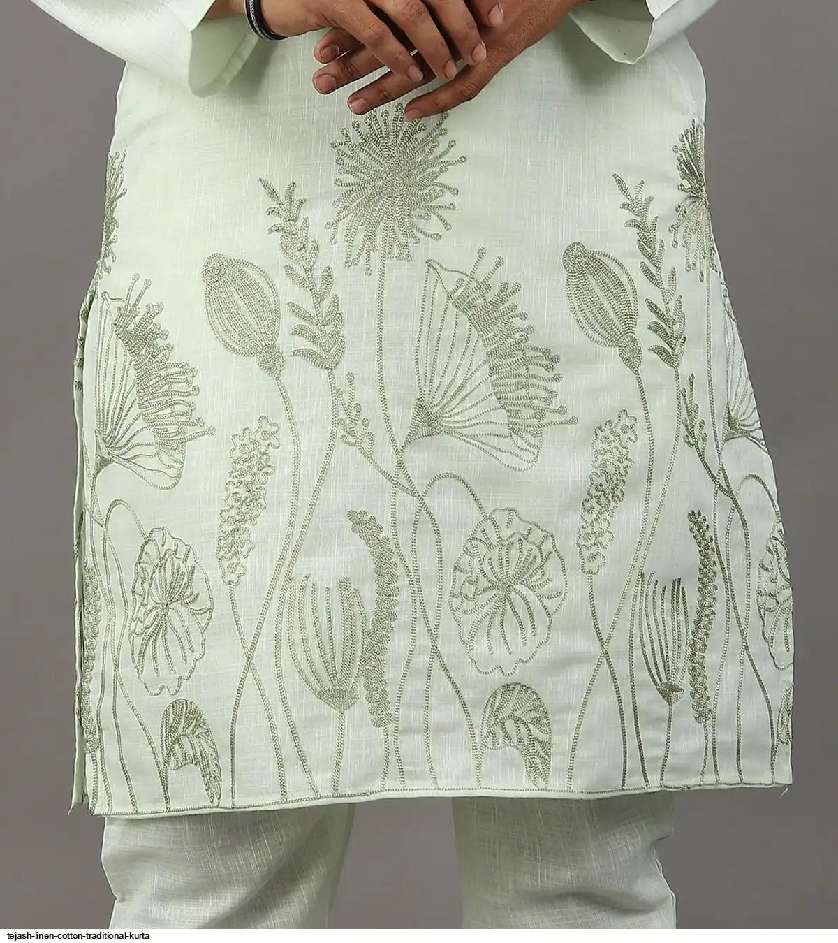 Men's Classic Linen Cotton Embroidered Light Green Kurta Set