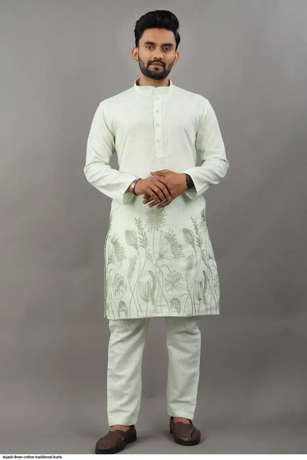Men's Classic Linen Cotton Embroidered Light Green Kurta Set
