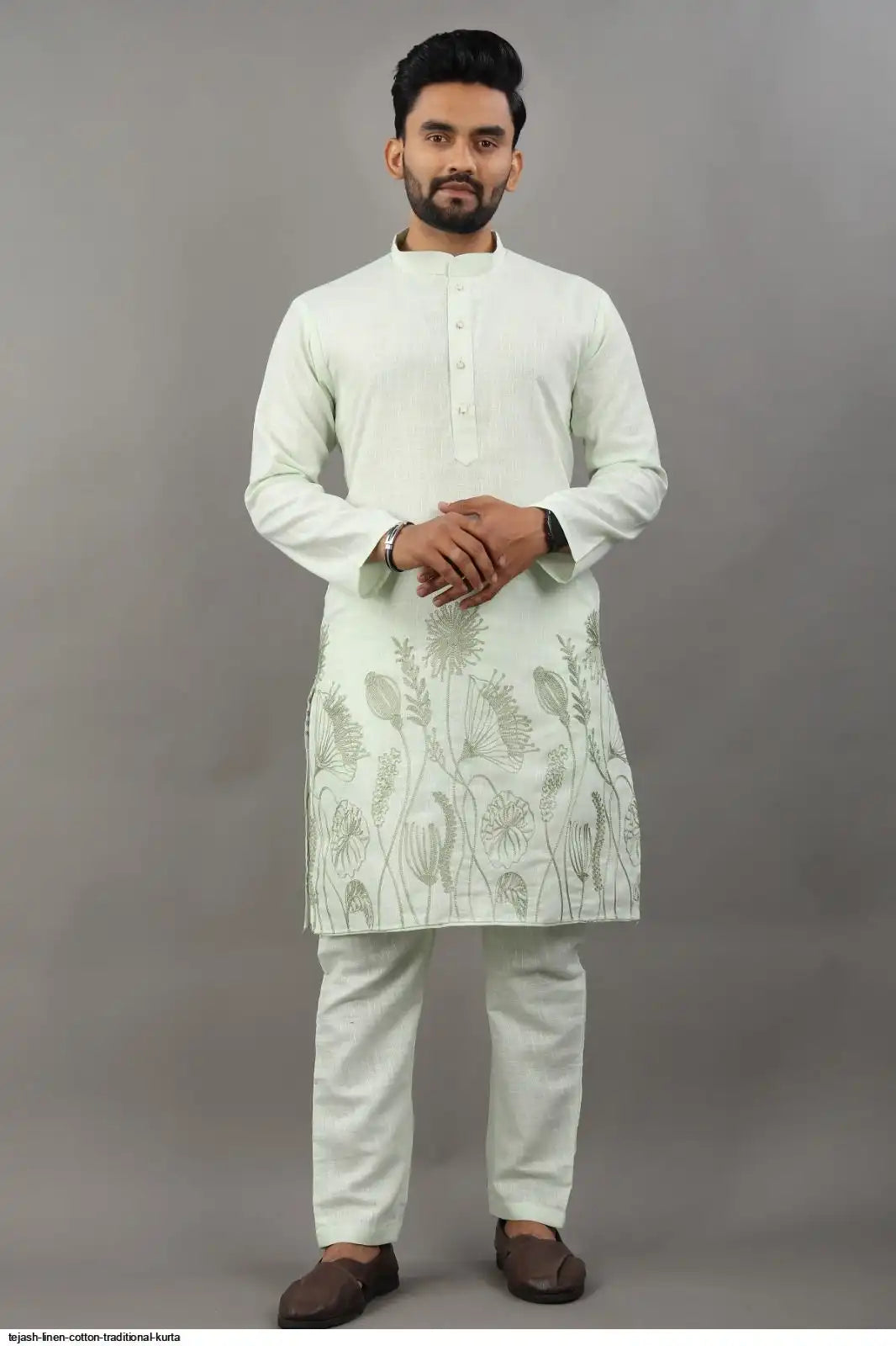 Men's Classic Linen Cotton Embroidered Light Green Kurta Set