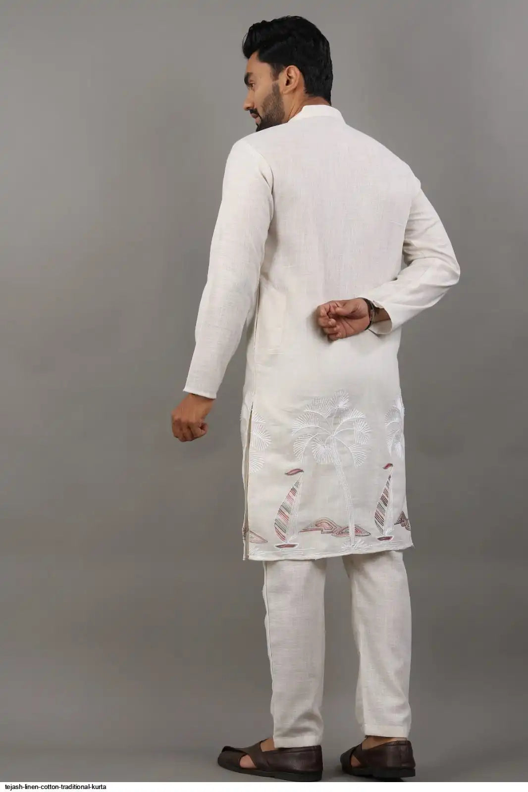 Men's Classic Linen Cotton Embroidered White Kurta Set