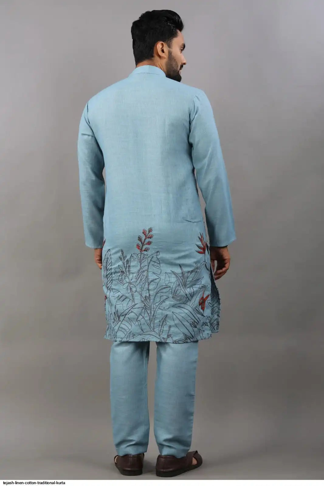 Men's Classic Linen Cotton Embroidered Sky Blue Kurta Set