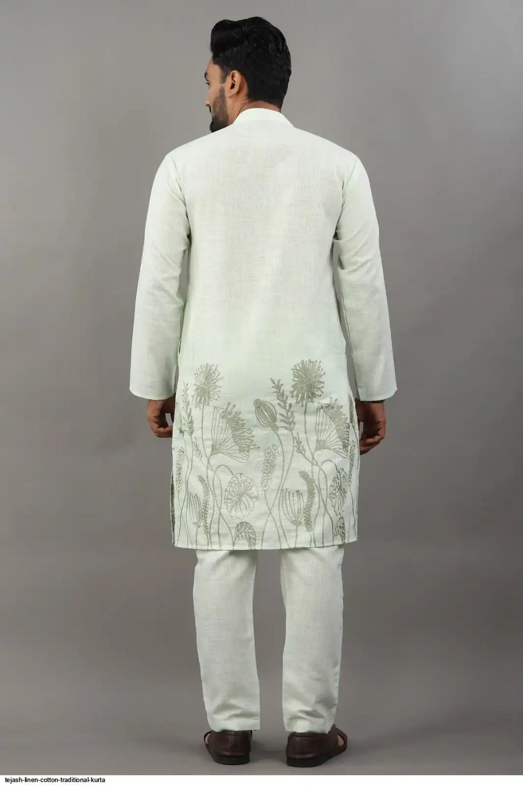 Men's Classic Linen Cotton Embroidered Light Green Kurta Set