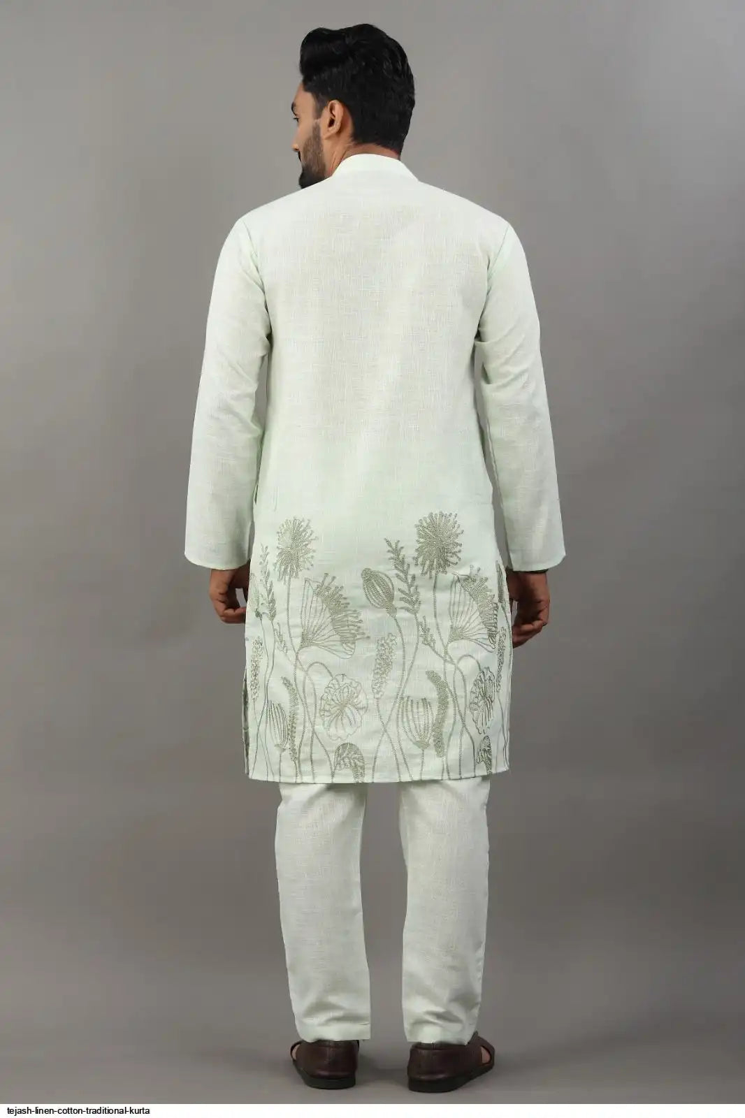 Men's Classic Linen Cotton Embroidered Light Green Kurta Set