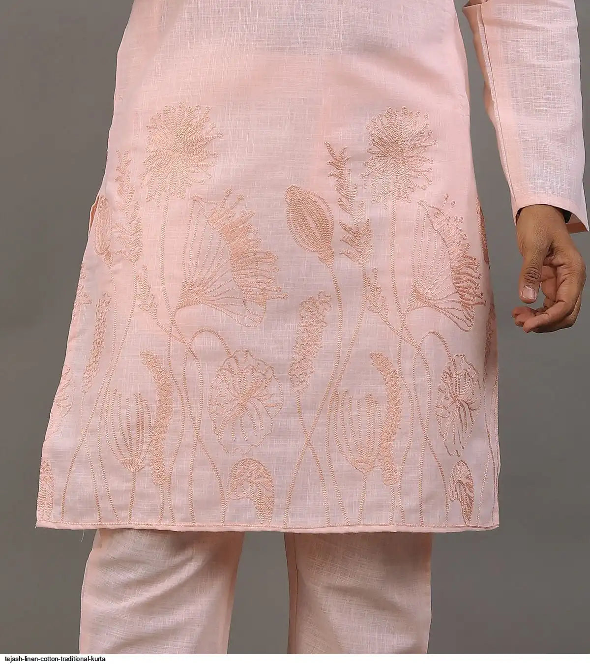 Men's Classic Linen Cotton Embroidered Peach Kurta Set