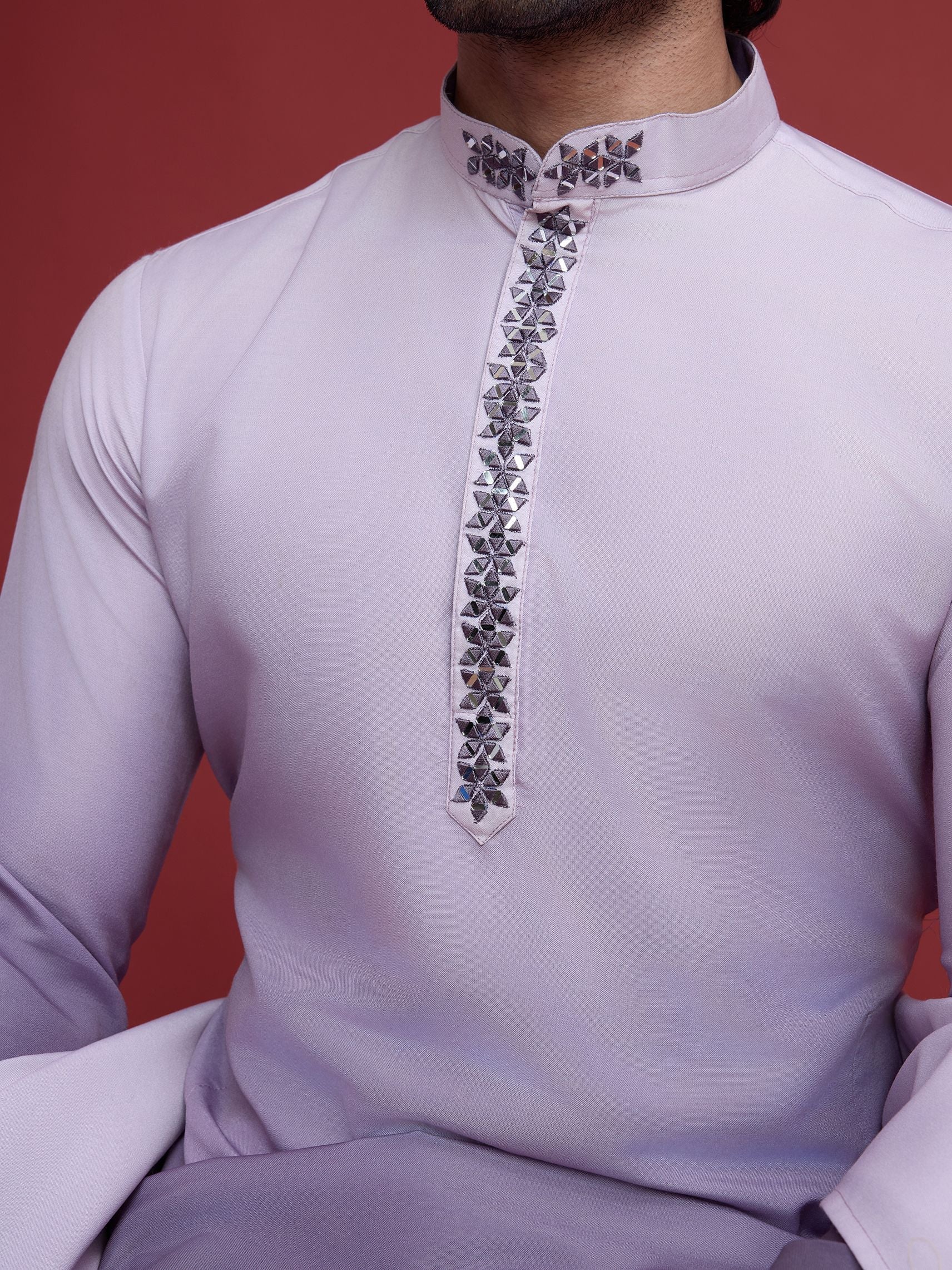 Men's Real Radiant Reflection Mirror Work Lavender Kurta
