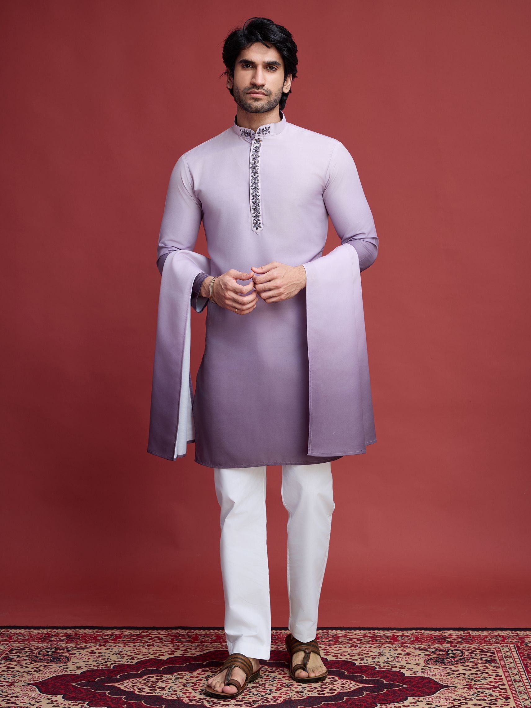 Men's Real Radiant Reflection Mirror Work Lavender Kurta