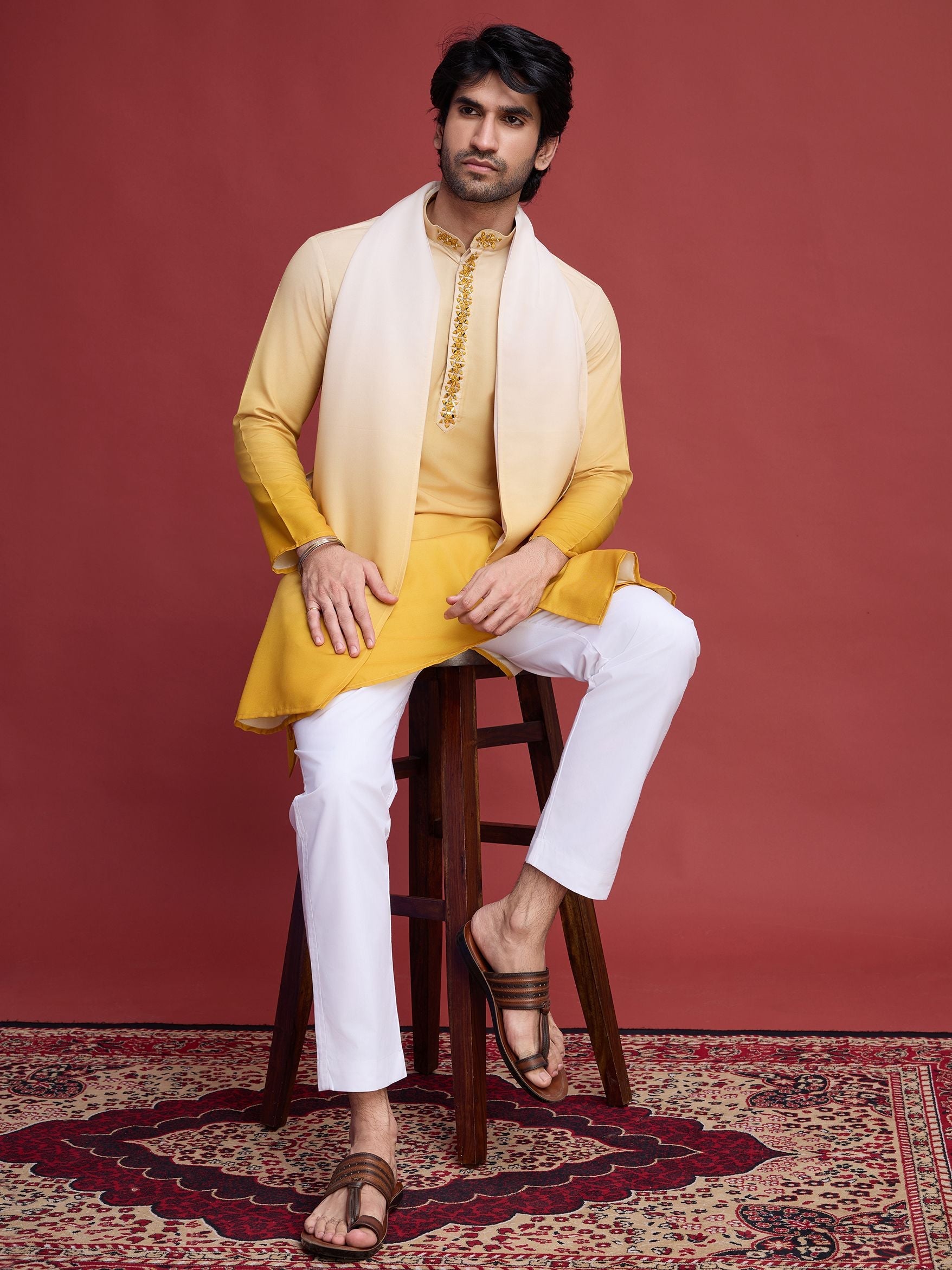 Men's Real Radiant Reflection Mirror Work Yellow Kurta