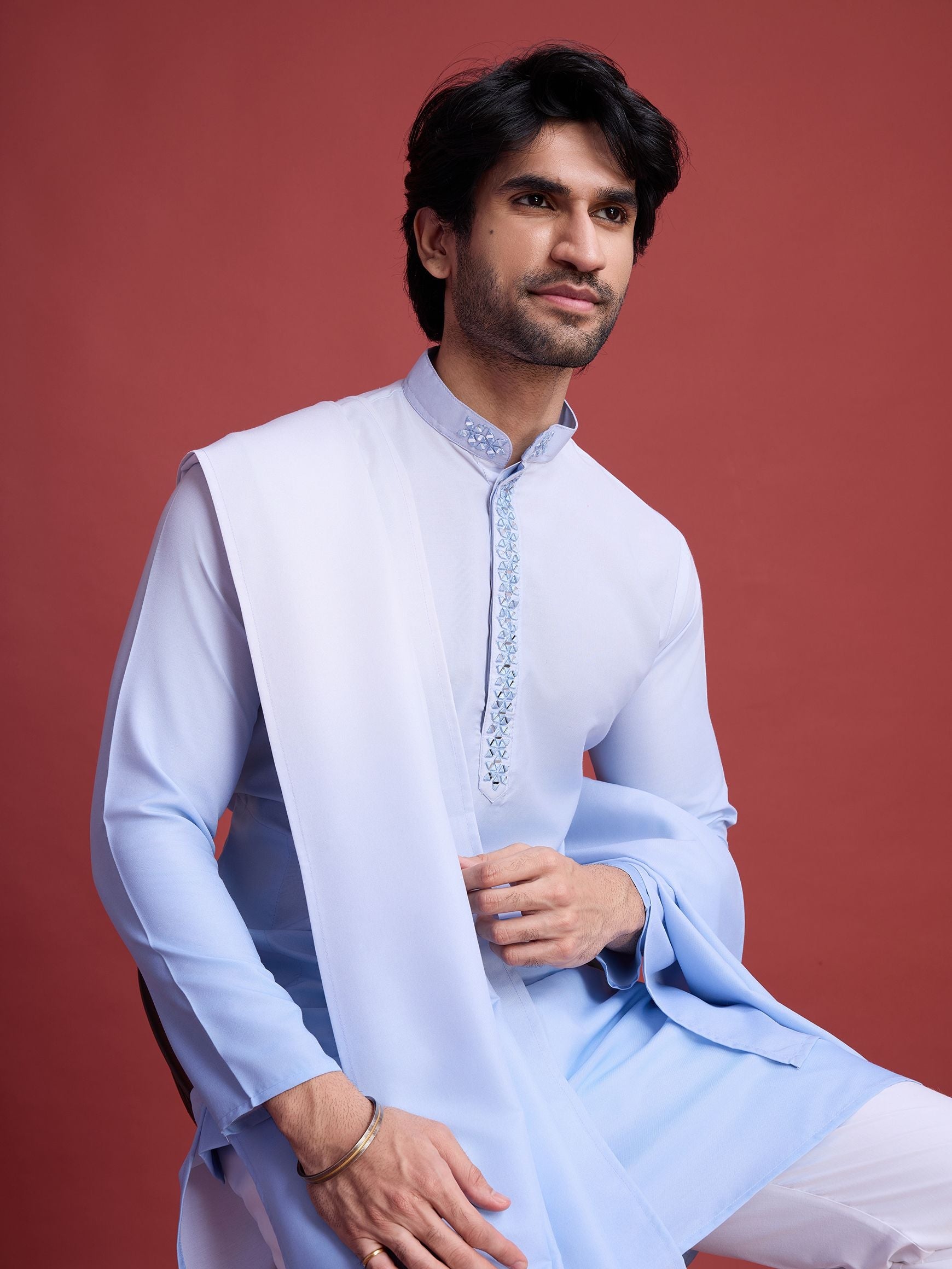 Men's Real Radiant Reflection Mirror Work Sky Blue Kurta